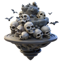 wonderful abstract A floating island made of human skulls, surrounded by a swirling vortex of crows, under a dark, stormy sky. Gothic horror style high quality png