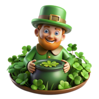 dramatic traditional A mischievous leprechaun with a pot of gold, hiding in a field of four-leaf clovers, dappled sunlight filtering through the leaves. Cartoon style detailed png