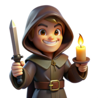 vibrant vintage A cunning rogue with a hooded cloak and a sly grin, holding a dagger, illuminated by the dim light of a flickering candle. Baroque style original png