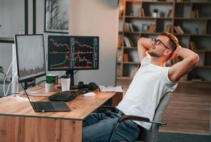 Taking a break. Young stock ,broker is working in the office by using computer photo