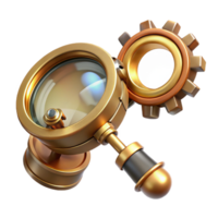 stunning vintage A steampunk monocle with a brass frame, intricate gears, and a magnifying glass, floating against a dark background, lit by a single ray of light 4K png