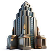 vibrant rustic Art Deco skyscraper, intricate geometric facade, chrome accents, sharp shadows cast by a low afternoon sun, highly polished rendering original png