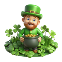 wonderful creative A mischievous leprechaun with a pot of gold, hiding in a field of four-leaf clovers, dappled sunlight filtering through the leaves. Cartoon style authentic png