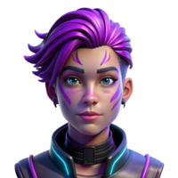impressive minimalist Portrait of a nonbinary person with vibrant purple hair and intricate facial tattoos, lit by cool, neon lights, in a cyberpunk style original png