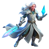 serene modern A lone, ethereal warrior with flowing silver hair, wielding a glowing crystal sword, stands defiantly amidst swirling nebulae. Dramatic chiaroscuro lighting. Art Nouveau style authentic png