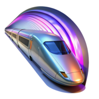 dramatic minimalist A futuristic, high-speed train gliding through a tunnel of light, its sleek, metallic exterior reflecting the vibrant colors. Photorealistic style original png
