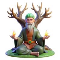 elegant artistic A wise old druid with antlers and glowing runes carved into his skin, meditating beneath a towering oak tree, lit by dappled sunlight, in a realistic style high quality png