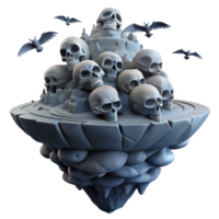 impressive abstract A floating island made of human skulls, surrounded by a swirling vortex of crows, under a dark, stormy sky. Gothic horror style detailed png