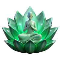 stunning abstract A lone figure, shrouded in emerald mist, meditating atop a giant crystalline lotus flower, illuminated by bioluminescent flora. Intricate, Art Nouveau style high quality png