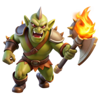 beautiful creative A fierce orc warrior wielding a flaming battleaxe, charging into battle, illuminated by flickering torchlight, in a dynamic style premium png