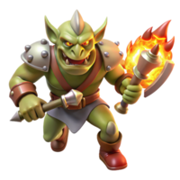 magnificent rustic A fierce orc warrior wielding a flaming battleaxe, charging into battle, illuminated by flickering torchlight, in a dynamic style genuine png