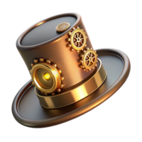 stunning minimalist A steampunk top hat with brass gears, intricate clockwork, and glowing LED lights, floating against a dark background, lit by a single spotlight 4K png