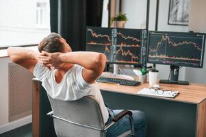 Taking a break. Young,stock broker is working in the ,office by using computer photo