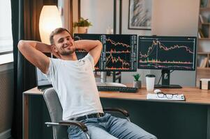 Taking a break.. Young stock broker is working in the office by using computer photo