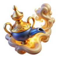 serene artistic A powerful djinn emerging from a magic lamp, surrounded by swirling smoke, lit by a warm, golden light. Orientalist style authentic png