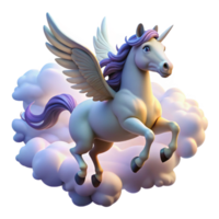 magnificent classic A majestic pegasus flying through a cloudy sky, illuminated by sunlight breaking through the clouds, in a dreamy style detailed png