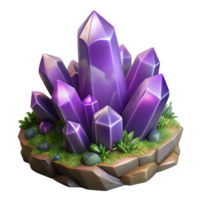 dramatic modern A cluster of amethyst crystals sprouting from a mossy rock, soft, ethereal lighting, fantasy art style high quality png