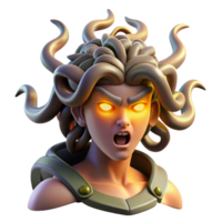beautiful modern A powerful gorgon with snakes for hair, turning a warrior to stone, a flash of blinding light illuminating the scene. Neoclassical style premium png