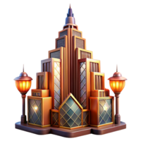 dramatic modern A vibrant Art Deco skyscraper adorned with geometric patterns, illuminated by the warm glow of streetlights, vintage poster style authentic png