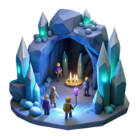 wonderful contemporary A group of adventurous hobbits exploring a dark cave, illuminated by glowing crystals, in a whimsical style premium png