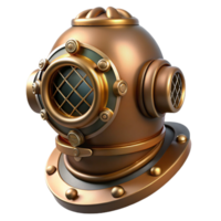 serene classic A steampunk diving helmet with brass and glass construction, intricate valves and gauges, and a soft interior light, floating in darkness high quality png