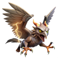 extraordinary creative A fierce harpy with sharp talons and leathery wings, swooping down from a stormy sky, lit by flashes of lightning. Baroque style professional png