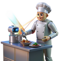 serene rustic A robotic chef preparing a meal in a gleaming, futuristic kitchen, using laser beams to cook the food. Photorealistic style professional png