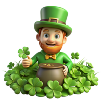 impressive minimalist A mischievous leprechaun with a pot of gold, hiding in a field of four-leaf clovers, dappled sunlight filtering through the leaves. Cartoon style genuine png