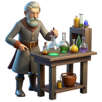 elegant traditional A medieval alchemist working in his laboratory, surrounded by bottles and beakers, mysterious atmosphere, dim lighting high resolution png