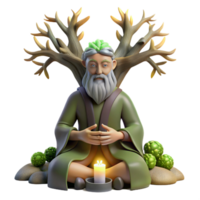 dramatic contemporary A wise old druid with antlers and glowing runes carved into his skin, meditating beneath a towering oak tree, lit by dappled sunlight, in a realistic style detailed png