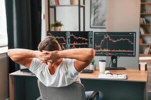 Taking a break. Young stock broker is working in the office by using computer photo