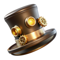 stunning abstract A steampunk top hat with brass gears, intricate clockwork, and glowing LED lights, floating against a dark background, lit by a single spotlight high resolution png