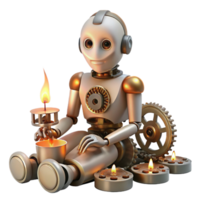 stunning minimalist A humanoid robot with intricate clockwork mechanisms exposed, sitting amidst a pile of discarded gears and wires, illuminated by a single, flickering candle. Steampunk style 4K png