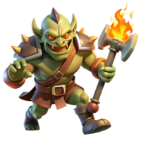 serene abstract A fierce orc warrior wielding a flaming battleaxe, charging into battle, illuminated by flickering torchlight, in a dynamic style professional png