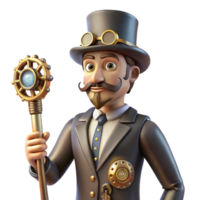 vibrant creative A sophisticated steampunk gentleman with a monocle, top hat, and a cane with intricate gears, lit by a soft, ambient light in a realistic style genuine png