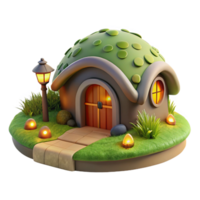 vibrant modern A cozy hobbit hole built into a grassy hillside, lit by a warm fire within, watercolor painting style high quality png