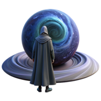 stunning creative A solitary figure in a hooded cloak standing on a desolate, futuristic planet, gazing at a giant, swirling vortex in the sky. Fantasy art style authentic png
