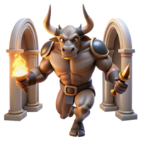 vibrant artistic A powerful minotaur with bronze horns and rippling muscles, charging through a labyrinthine corridor, lit by flickering torches. Chiaroscuro style high quality png