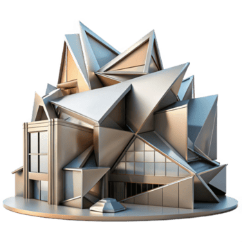 stunning rustic Deconstructivist museum, fragmented forms, sharp angles, metallic cladding, modern architecture detailed png
