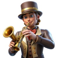 stunning creative A steampunk musician playing a brass and woodwind hybrid instrument, wearing a velvet coat and top hat, illuminated by stage lights in a theatrical style high quality png