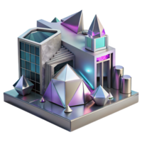 stunning abstract Deconstructivist museum, fragmented geometric shapes, metallic cladding, dynamic composition, neon lighting, highly detailed, Deconstructivist style high resolution png