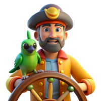 elegant modern A cartoon pirate with a parrot on their shoulder, standing at the helm of a ship, the warm glow of a sunset illuminating the ocean, drawn in a classic cartoon style high resolution png