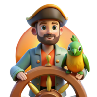 stunning rustic A cartoon pirate with a parrot on their shoulder, standing at the helm of a ship, the warm glow of a sunset illuminating the ocean, drawn in a classic cartoon style 4K png