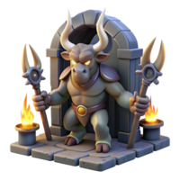 magnificent rustic A fearsome minotaur guarding a labyrinth entrance, illuminated by flickering torches, in a dark fantasy style professional png