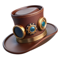 impressive contemporary A steampunk top hat, with goggles and gears attached, dark brown leather and brass, soft, directional lighting, vintage style high quality png