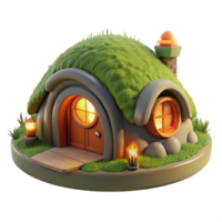 stunning abstract A cozy hobbit hole built into a grassy hillside, lit by a warm fire within, watercolor painting style authentic png