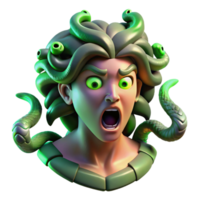 beautiful traditional A fearsome gorgon with snakes for hair turning a warrior to stone, illuminated by a flash of green light, in a dramatic and horrifying style premium png