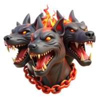 elegant classic A three-headed Cerberus, each head snarling, bathed in the hellish red glow of lava, chains made of blackened bone dangling from its necks. Hyperrealistic style 4K png