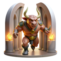 serene rustic A powerful minotaur with bronze horns and rippling muscles, charging through a labyrinthine corridor, lit by flickering torches. Chiaroscuro style original png