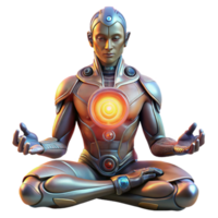 stunning minimalist A cyborg with intricate, glowing tattoos meditating in a serene, futuristic garden, bathed in the warm glow of a holographic sun. Fantasy art style detailed png